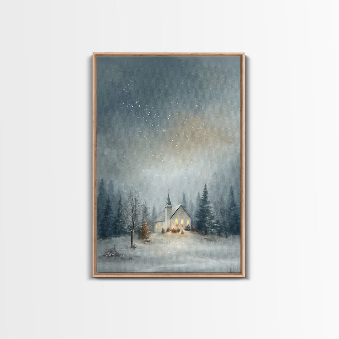 Starry Night Chapel – Framed Canvas Print – Christian Christmas Art – Christmas Canvas Wall Art – Framed Christmas Wall Art – Modern Christ