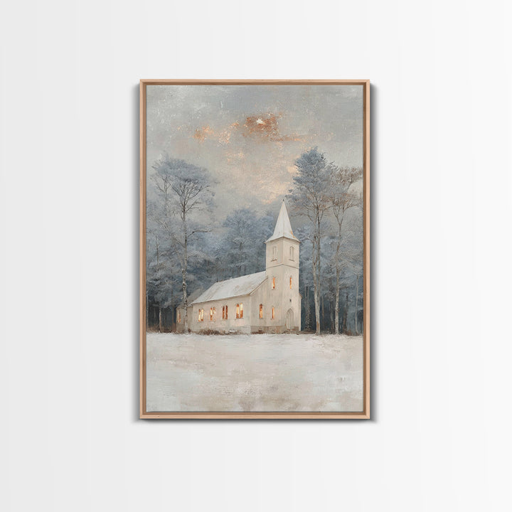 Frosted Chapel – Framed Canvas Print – Christian Wall Art – Christian Christmas Art – White Christmas Art – Christmas Canvas Wall Art – Chr