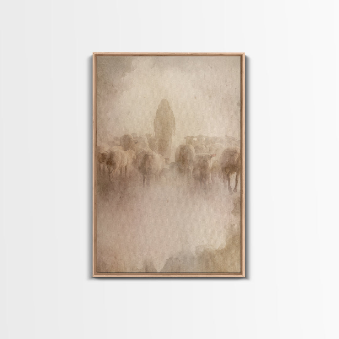 Shepherd In Haze | Framed Canvas Print | Christian Wall Art | Jesus Painting | Christian Art Canvas | Vintage Christian Art