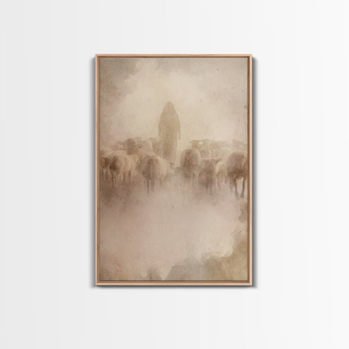 Shepherd In Haze | Framed Canvas Print | Christian Wall Art | Jesus Painting | Christian Art Canvas | Vintage Christian Art