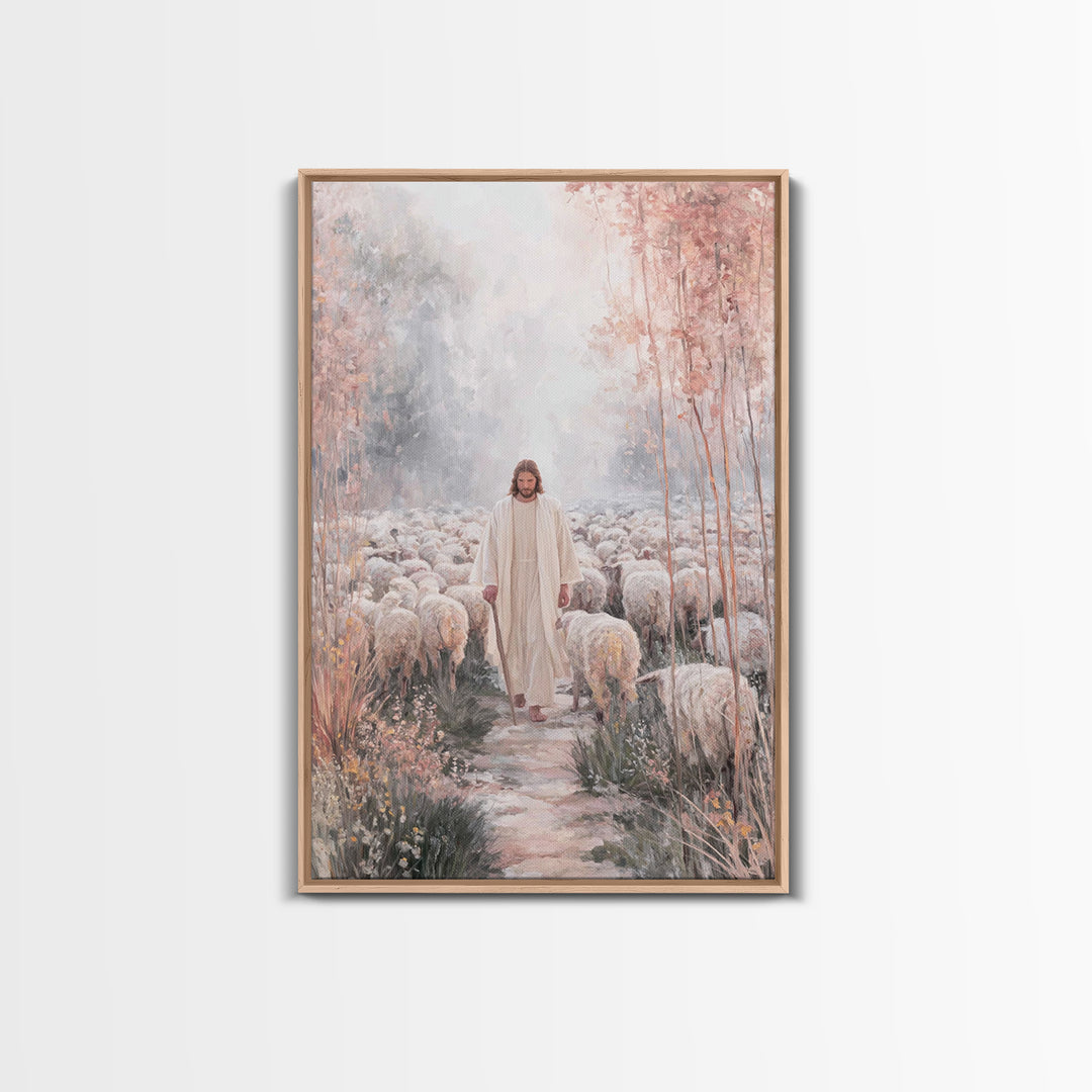 Morning Flock Peace – Framed Canvas Print – Christian Wall Art – Christian Art Canvas – Pastoral Scenery – Christian Decor
