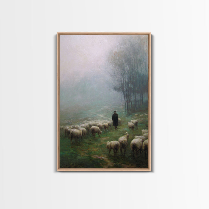 Misty Shepherd Field – Framed Canvas Print – Christian Art Canvas – Christian Wall Art – Pastoral Scenery – Moody Christian Art
