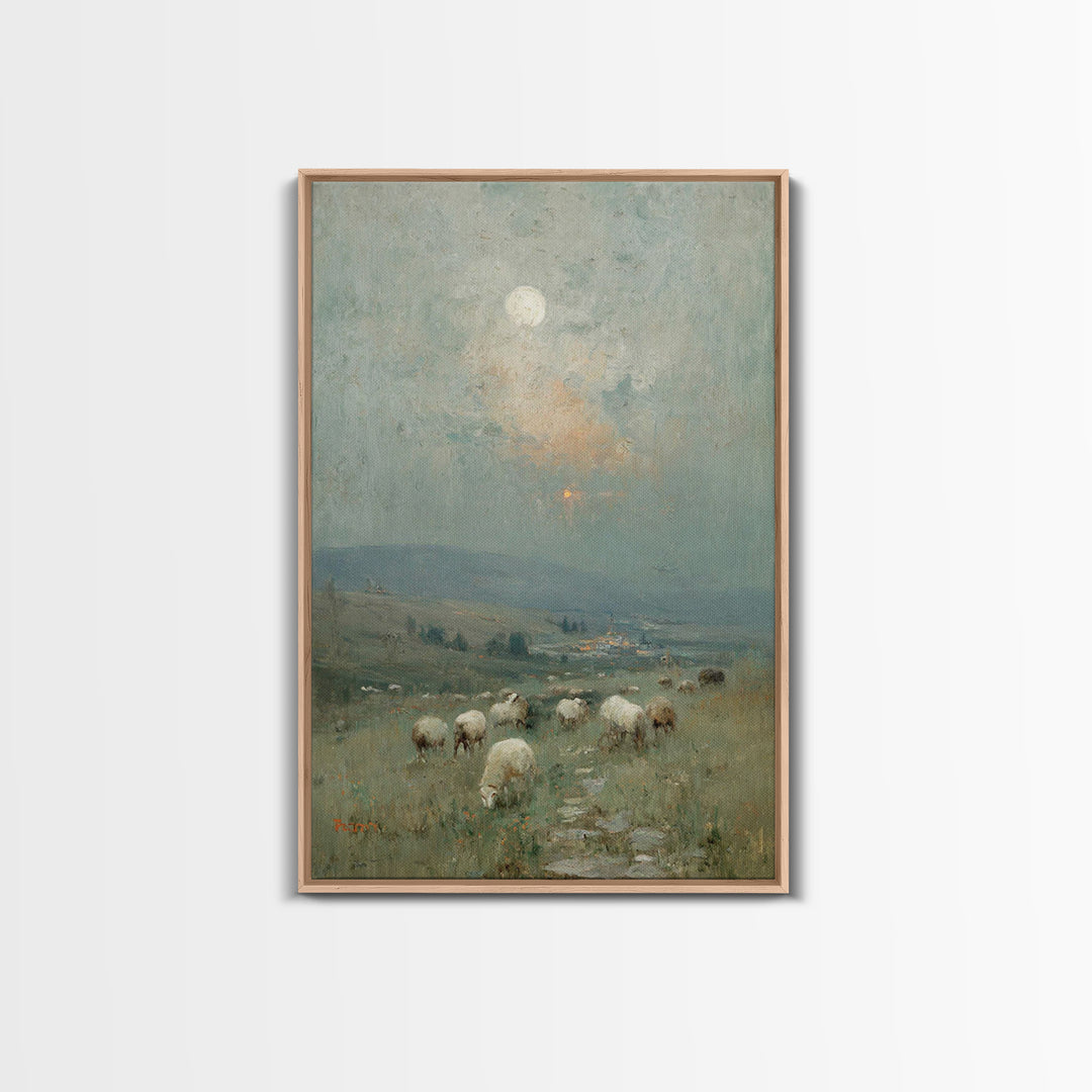 Moonlit Pasture Peace, Framed Canvas Print, Christian Art Canvas, Christian Wall Art, Vintage Christian Art, Christian Painting