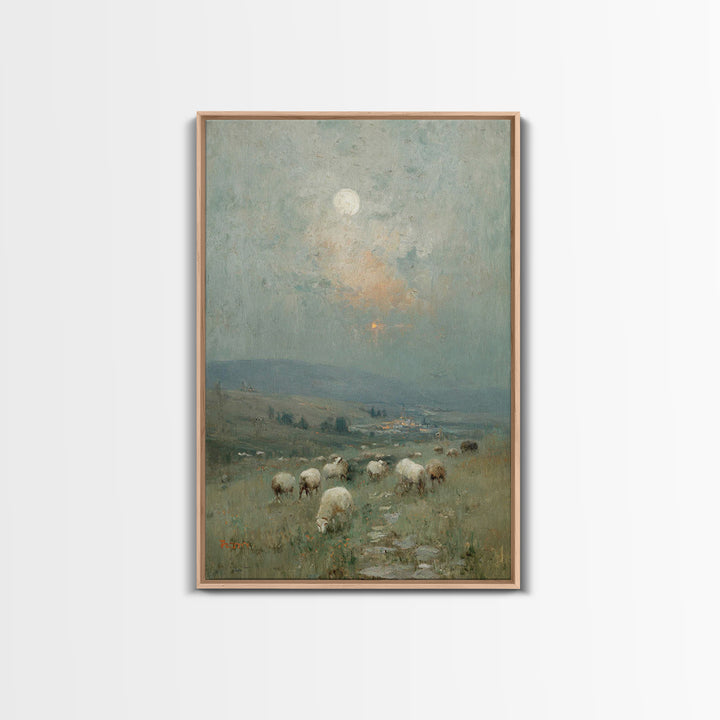 Moonlit Pasture Peace, Framed Canvas Print, Christian Art Canvas, Christian Wall Art, Vintage Christian Art, Christian Painting