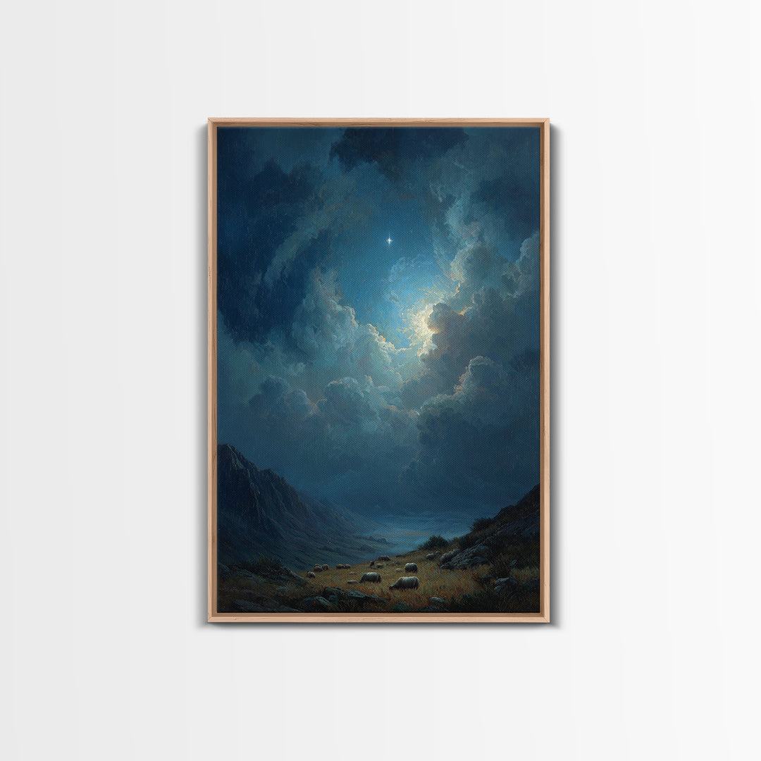 Night Star Valley – Framed Canvas Print – Christian Wall Art – Christmas Art – Christian Christmas Art – Christian Art Canvas