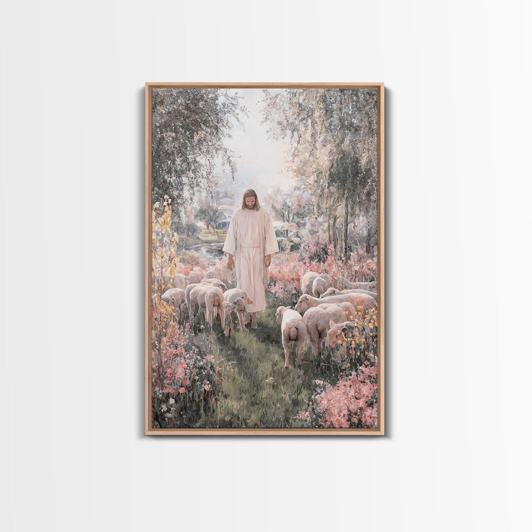 Shepherd In Bloom – Framed Canvas Print – Jesus Painting – Christian Art Canvas – Christian Wall Art – Christian Christmas Art – Christian