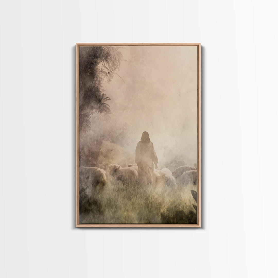 Shepherd In Light – Framed Canvas Print – Christian Wall Art – Christian Art Canvas – Moody Christian Art – Jesus Painting – Christian Gift