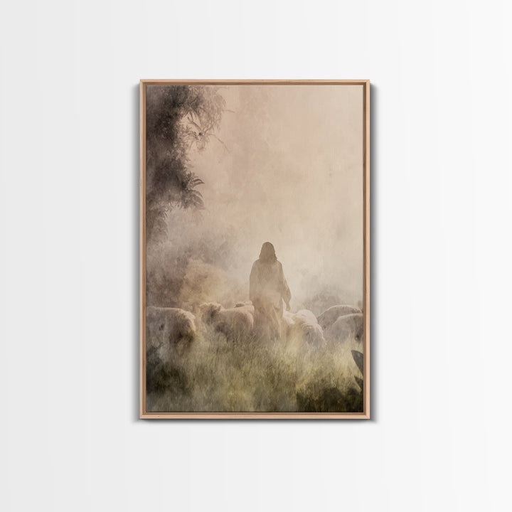 Shepherd In Light – Framed Canvas Print – Christian Wall Art – Christian Art Canvas – Moody Christian Art – Jesus Painting – Christian Gift