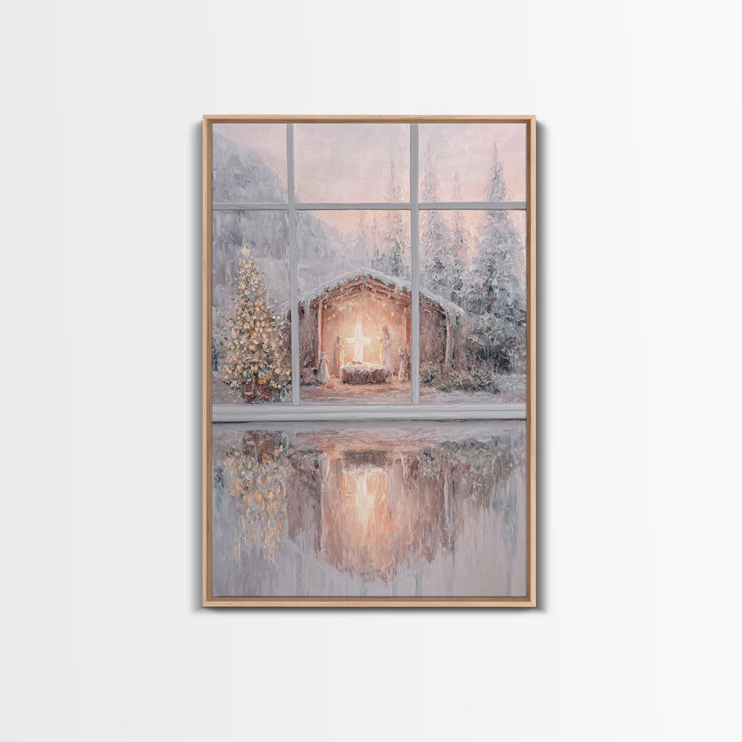 Winter Nativity Glow – Framed Canvas Print – Christmas Wall Art – Christian Christmas Art – Christmas Art Prints – Christian Decor – Framed