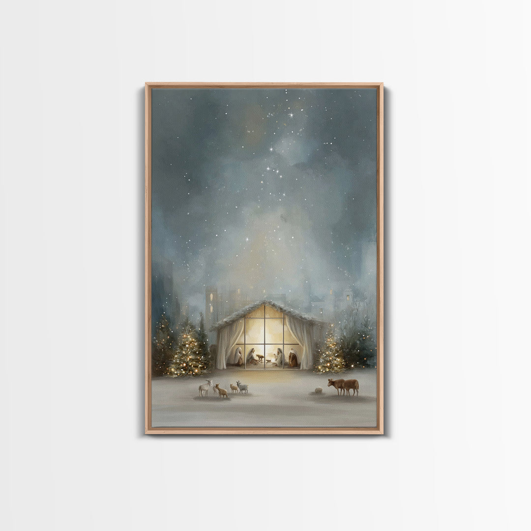 Starry Bethlehem Night – Framed Canvas Print – Christian Christmas Art – Christmas Wall Art – Modern Christmas Art – Christmas Art Prints –
