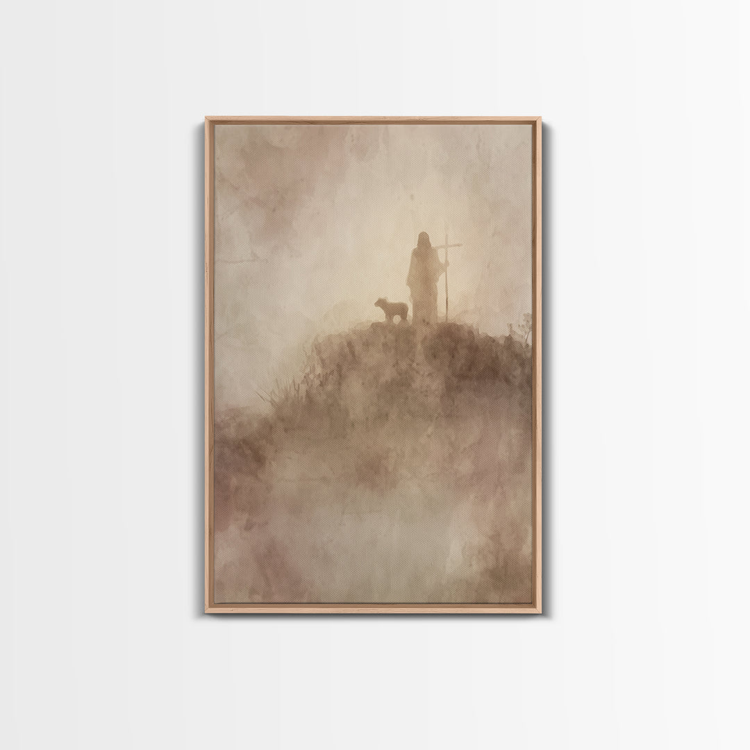 Silent Mist Journey – Framed Canvas Print – Jesus Painting – Christian Art Canvas – Christian Wall Art – Minimalist Christian Art