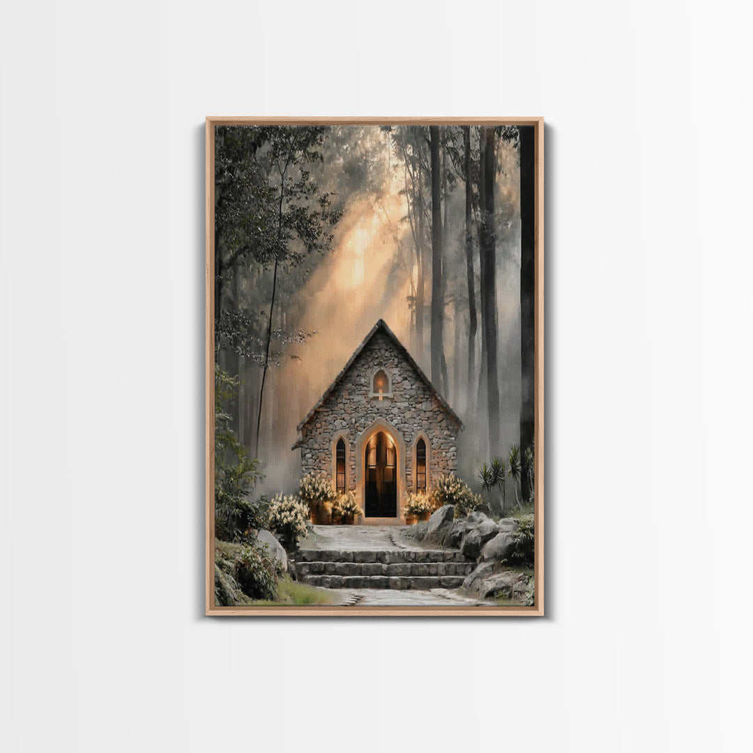 Stone Chapel Light – Framed Canvas Print – Christian Wall Art – Christian Art Canvas – Christian Decor – Moody Christian Art