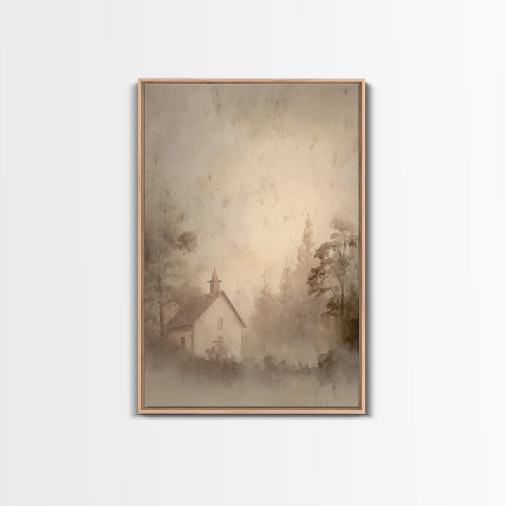 Misty Dawn Chapel – Framed Canvas Print – Christian Art Print – Christian Wall Art – Vintage Christian Art – Christian Christmas Art – Chri