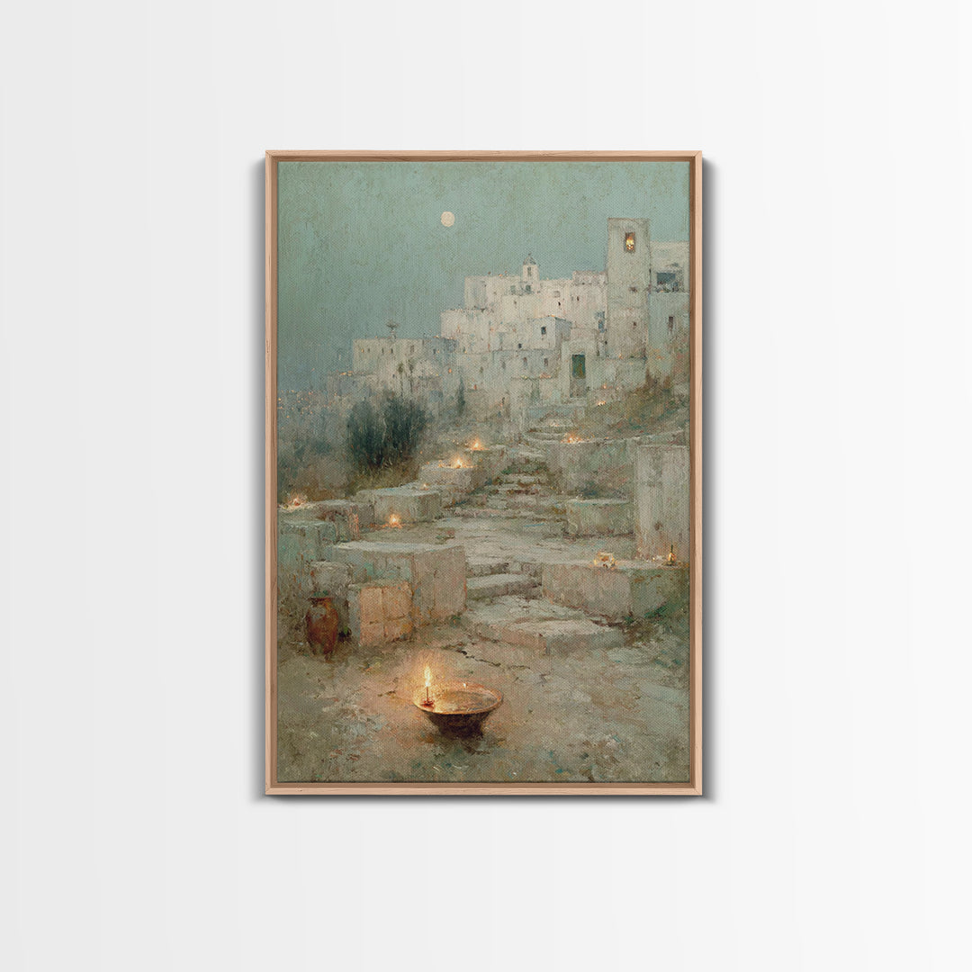 Moonlit Holy City – Framed Canvas Print – Christian Wall Art – Christmas Art Framed – Christian Art Canvas – Vintage Christian Art – Christ