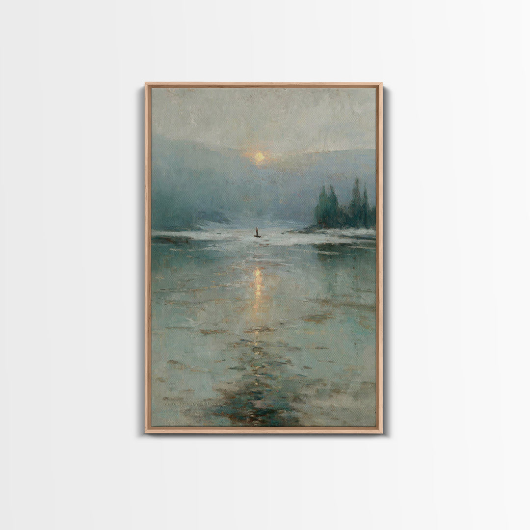 Silent Lake Dawn – Framed Canvas Print – Christian Art Print – Christian Wall Art – Vintage Christian Art – Blue Christian Art – Christian