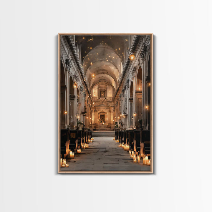 Golden Chapel Glow, Framed Canvas Print, Christian Art Canvas, Christian Wall Art, Moody Christian Art, Christian Decor, Christmas Art Prin
