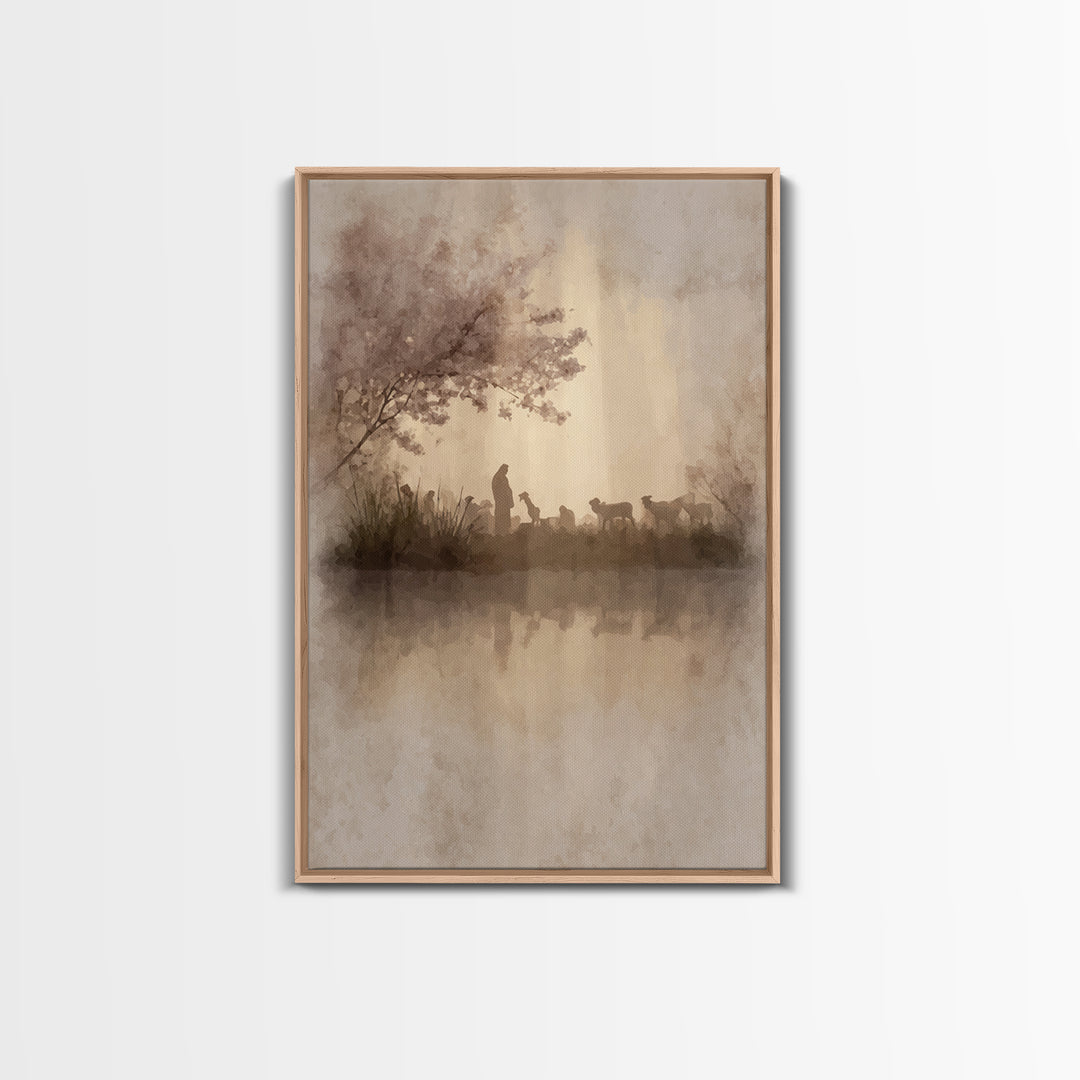 Gentle Shepherd Light | Framed Canvas Print | Christian Wall Art | Christian Art Canvas | Pastoral Scenery | Minimalist Christian Art | Chr