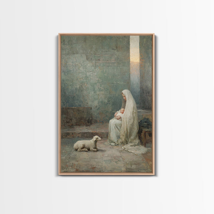 Silent Manger Grace – Framed Canvas Print – Christian Wall Art – Christian Art Canvas – Mary And Jesus Painting – Christmas Art – Christian