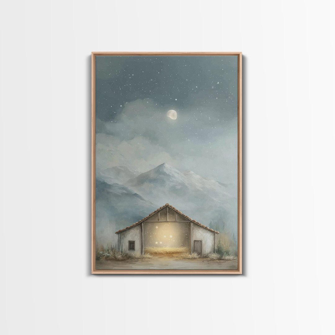 Moonlit Stable Calm | Framed Canvas Print | Christian Art Canvas | Christian Wall Art | Christmas Art | Christian Christmas Decor | Faith A