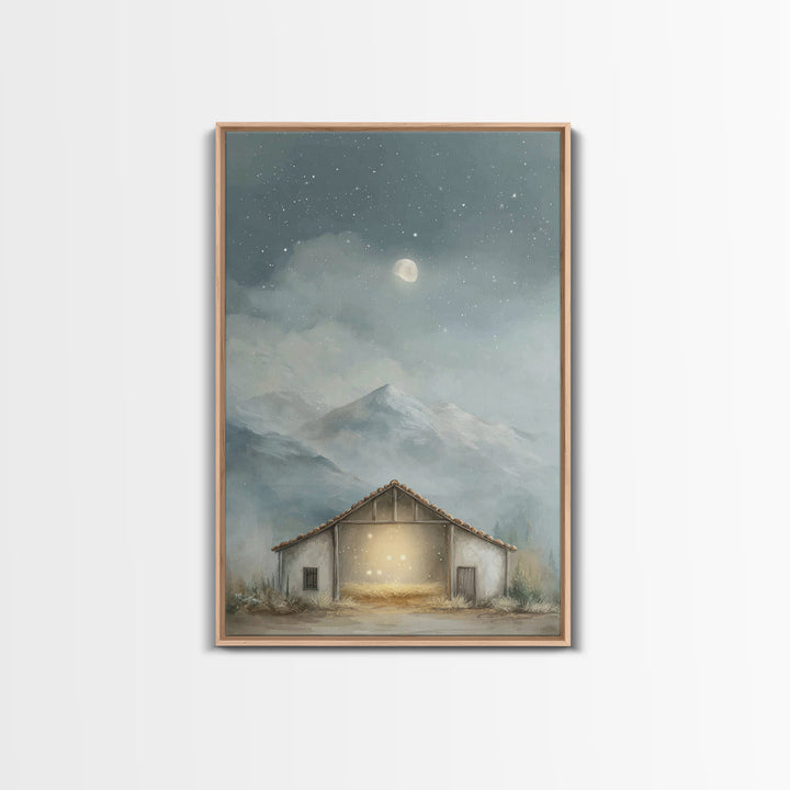 Moonlit Stable Calm | Framed Canvas Print | Christian Art Canvas | Christian Wall Art | Christmas Art | Christian Christmas Decor | Faith A