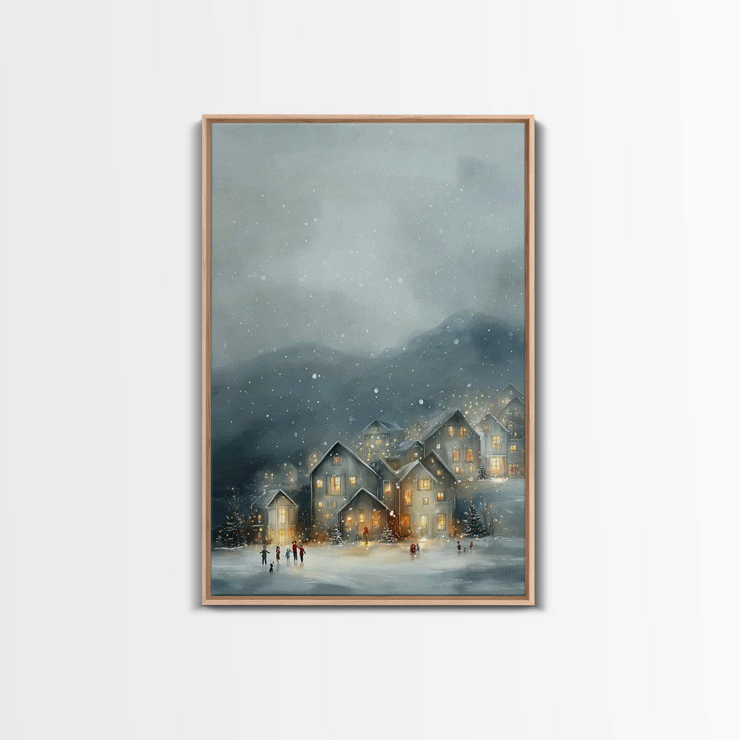 Snowy Village Light – Framed Canvas Print – Christmas Canvas Wall Art – Christian Christmas Art – Moody Christmas Art – Christian Art Canva