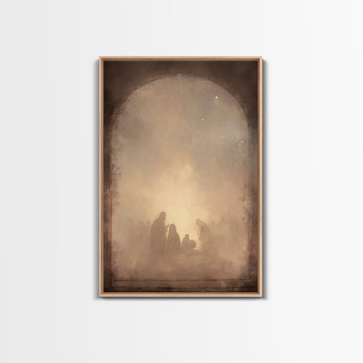 Silent Manger Glow – Framed Canvas Print – Christian Christmas Art – Christmas Canvas Wall Art – Christian Art Canvas – White Christmas Art