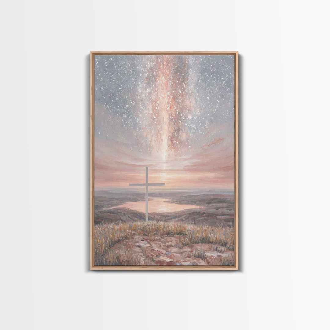 Heavenly Cross Glow - Framed Canvas Print - Christian Wall Art - Christian Art Canvas - Jesus Painting - Christian Christmas Art