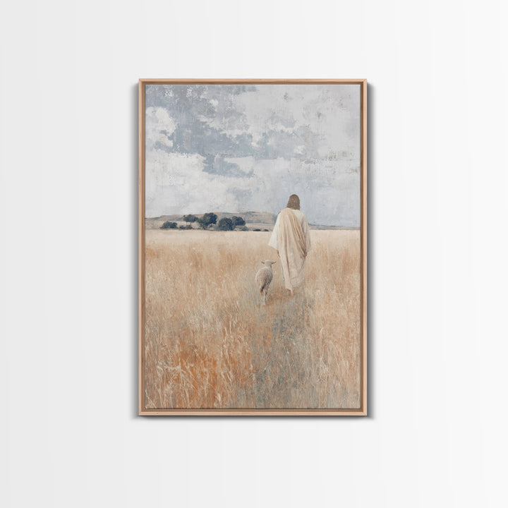Golden Pasture Shepherd – Framed Canvas Print – Christian Art Canvas – Christian Wall Art – Jesus Painting – Christian Christmas Art – Chri