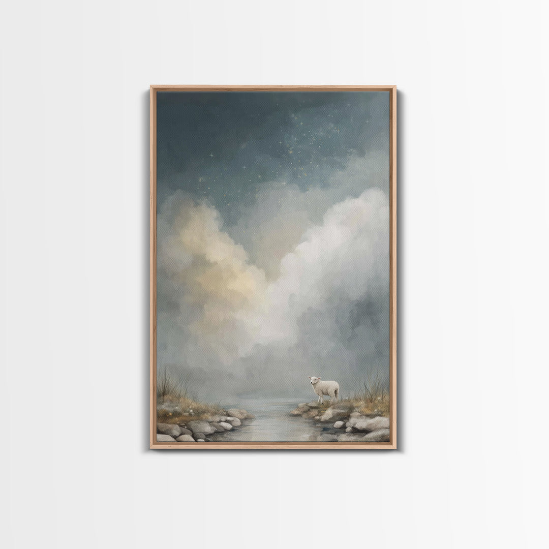 Quiet River Lamb, Framed Canvas Print, Christian Wall Art, Christian Art, Christian Art Canvas, Christian Gift Ideas, Jesus Painting