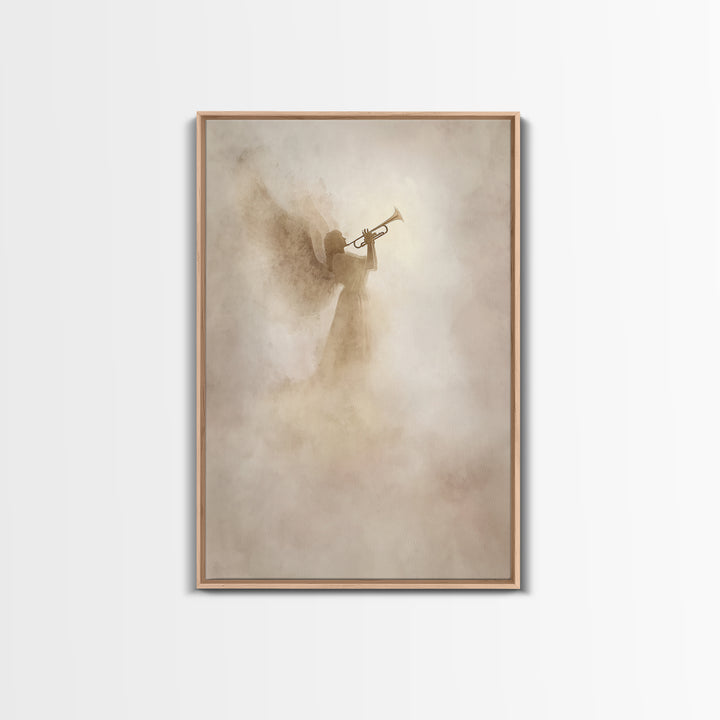 Trumpet In The Clouds – Framed Canvas Print – Christian Wall Art – Christian Art Canvas – Angel Art – Subtle Christian Art – Christian Deco