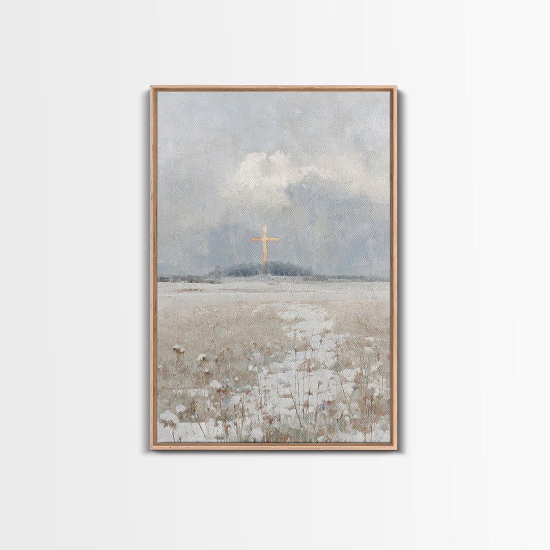 Winter Cross Peace – Framed Canvas Print – Christian Wall Art – Christian Art Work – Blue Christian Art – Christian Christmas Art – Christi