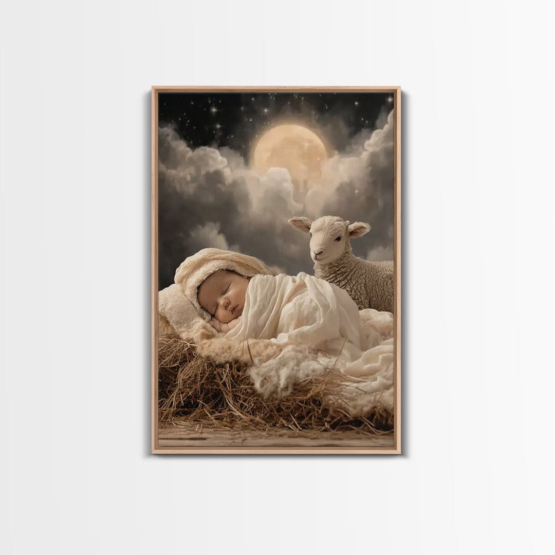 Holy Lamb Watch – Framed Canvas Print – Christian Christmas Art – Christian Art Print – Jesus Christmas Art – Christmas Wall Art – Modern C