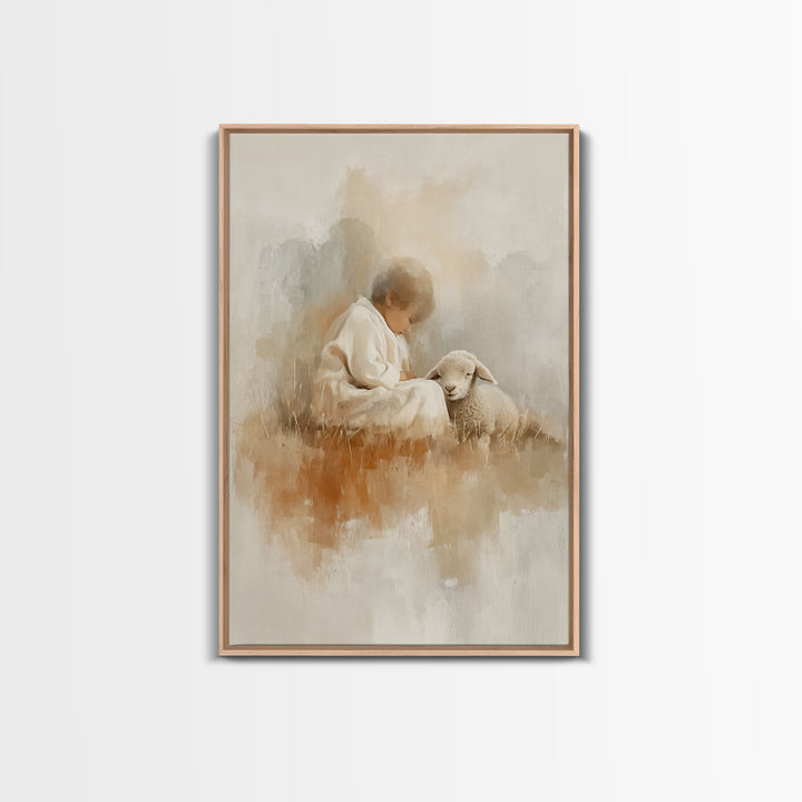 Gentle Shepherd Joy – Framed Canvas Print – Christian Art Print – Modern Christian Art – Christian Christmas Art – Jesus Painting – Christm