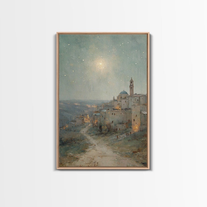 Bethlehem Nightfall, Framed Canvas Print, Christian Wall Art, Christmas Art Prints, Christian Art Canvas, Christian Christmas Art, Vintage