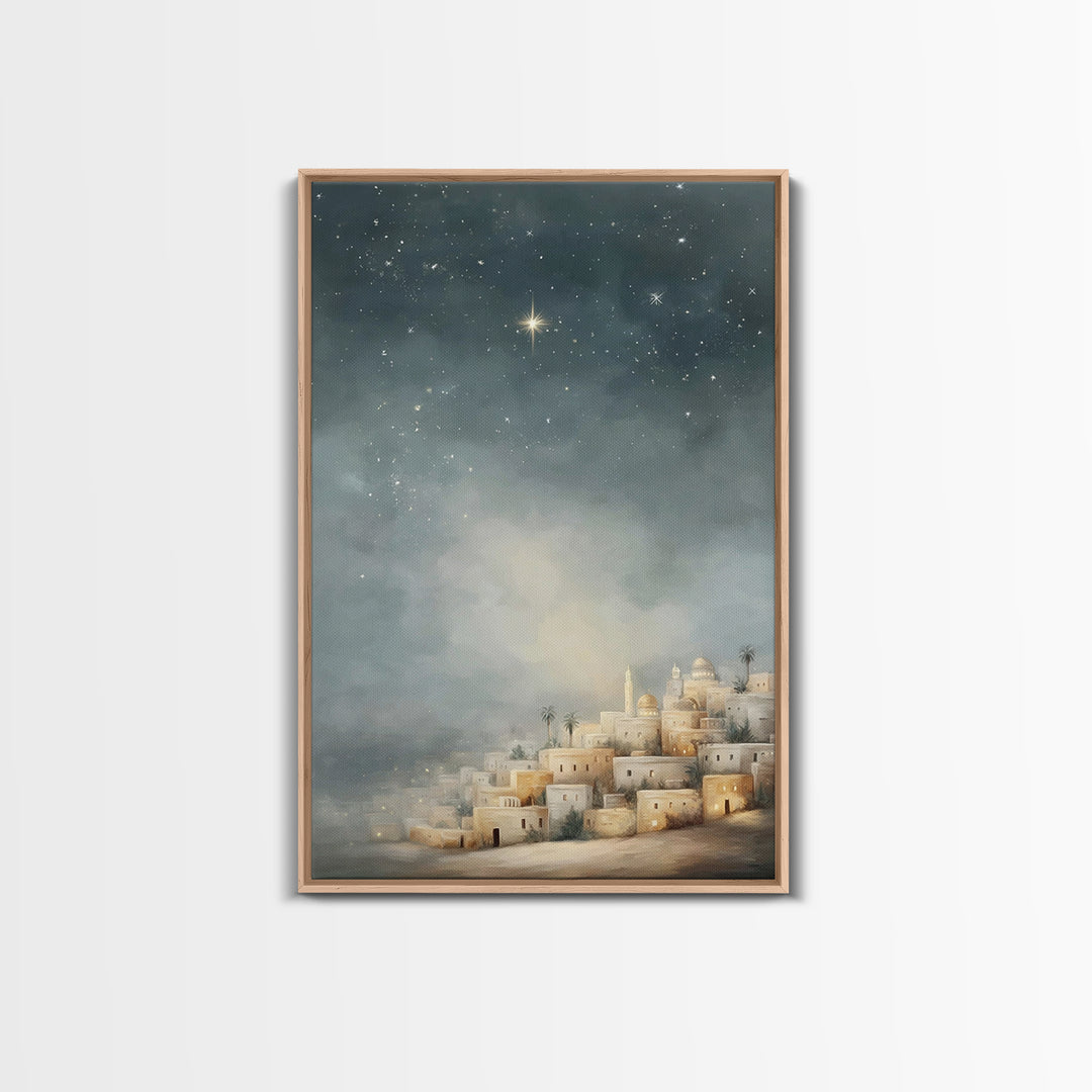 Midnight Bethlehem Glow – Framed Canvas Print – Christian Wall Art – Christmas Art Prints – Christian Christmas Art – Modern Christian Art