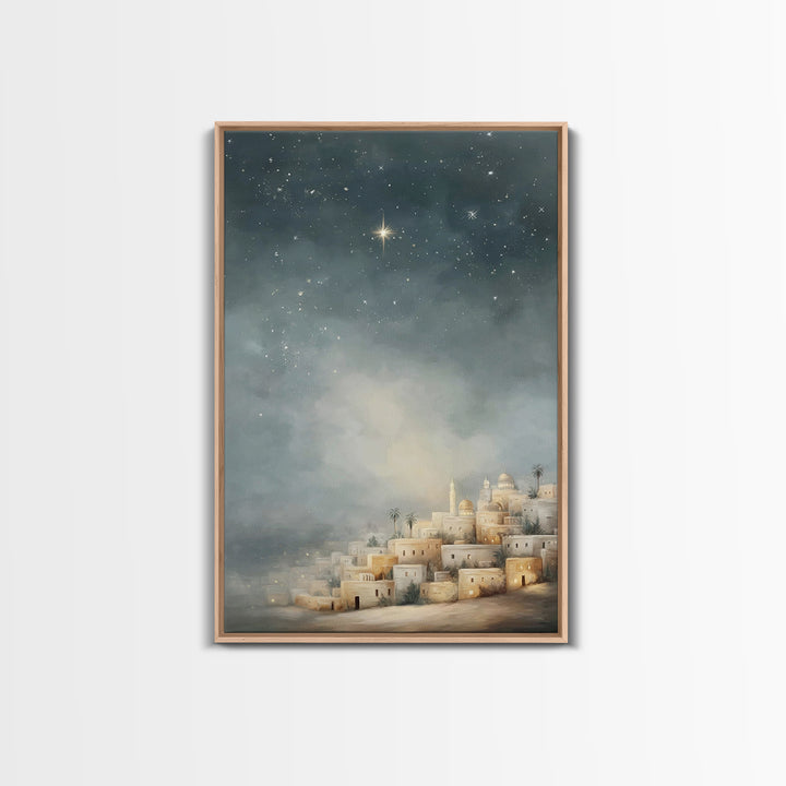 Midnight Bethlehem Glow – Framed Canvas Print – Christian Wall Art – Christmas Art Prints – Christian Christmas Art – Modern Christian Art