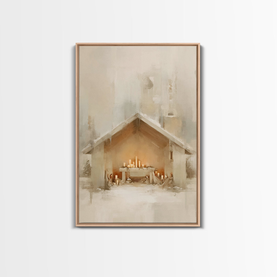 Humble Nativity Glow, Framed Canvas Print, Christmas Wall Art, Christian Art Canvas, Minimalist Christian Art, Christian Christmas Art, Sub