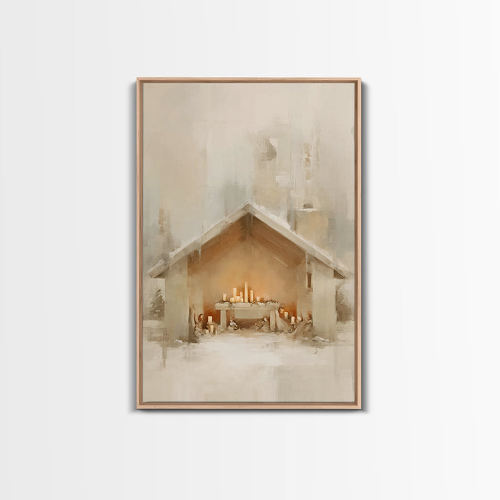 Humble Nativity Glow, Framed Canvas Print, Christmas Wall Art, Christian Art Canvas, Minimalist Christian Art, Christian Christmas Art, Sub