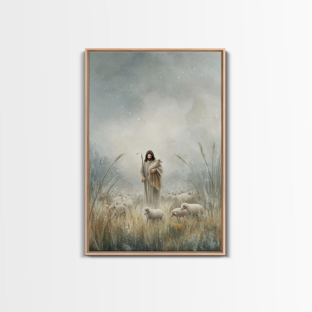 Gentle Shepherd Light – Framed Canvas Print – Jesus Painting – Christian Art Print – Christian Decor – Christian Wall Art – Minimalist Chri