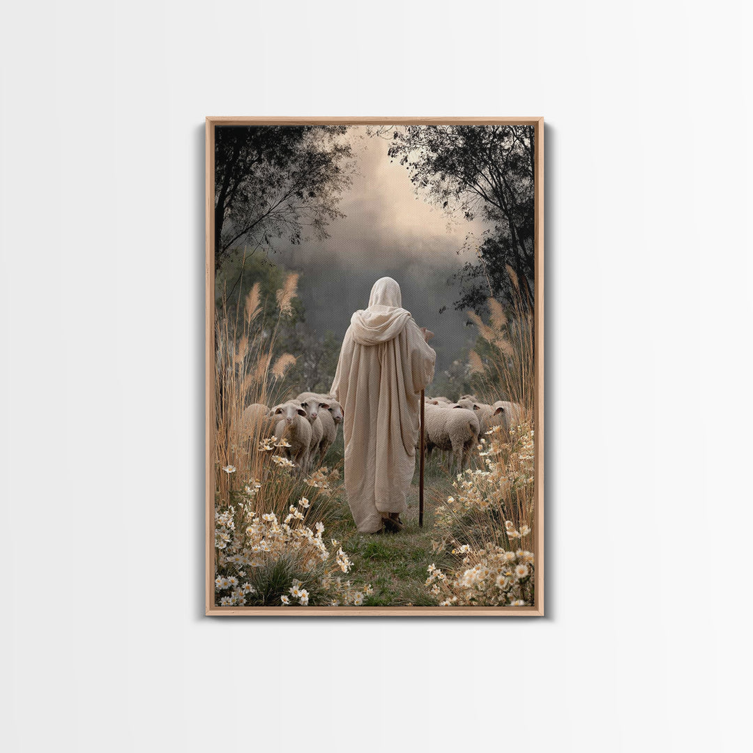 Evening Shepherd Glow – Framed Canvas Print – Christian Art Canvas – Christian Wall Art – Large Jesus Painting – Christian Decor – Modern C