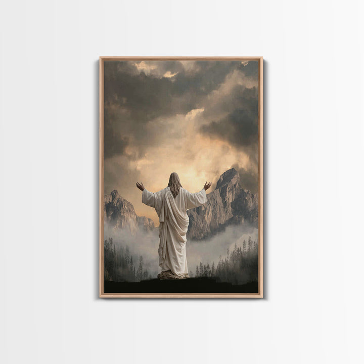 Mountain Prayer Light | Framed Canvas Print | Christian Art Canvas | Jesus Wall Art | Moody Christian Art | Large Christian Painting | Chri