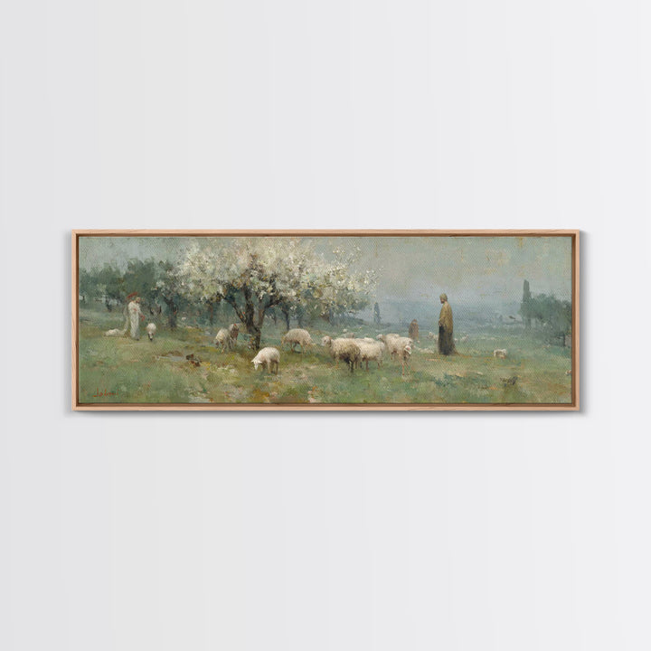Shepherd Spring Peace – Framed Canvas Print – Christian Wall Art – Jesus Painting – Panoramic Art – Christian Art Canvas – Christmas Art