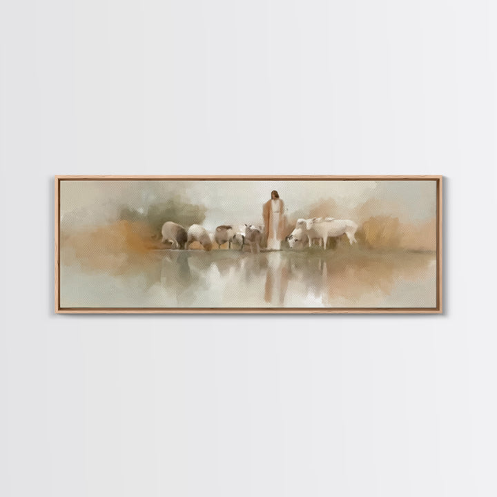 Gentle Pasture Light | Framed Canvas Print | Christian Wall Art | Panoramic Frame | Jesus Canvas Art | Christmas Art