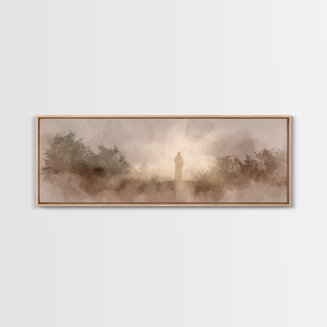 Hillside Redeemer, Framed Canvas Print, Christian Art, Jesus Wall Art, Panoramic Painting, Christian Christmas Art