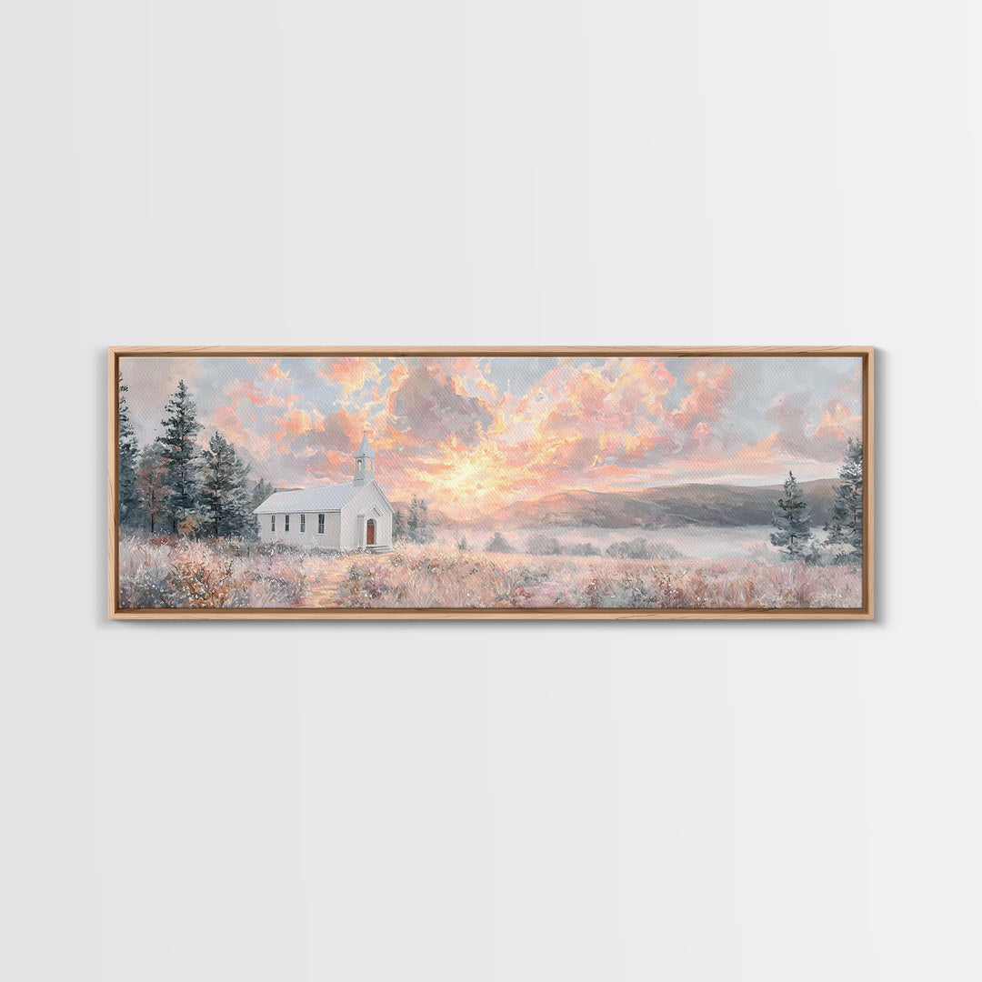 Morning Glory Chapel, Framed Canvas Print, Extra Wide Art, Christian Wall Art, Christian Christmas Art, Christian Art Canvas, Christmas Art