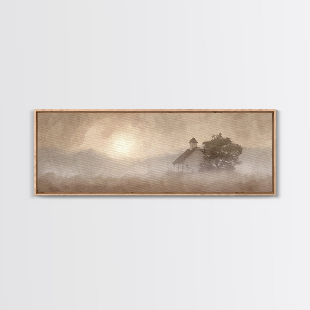 Rustic Chapel Mist – Framed Canvas Print – Panoramic Frame – Christian Art Canvas – Christian Wall Art – Christian Christmas Art – Christia