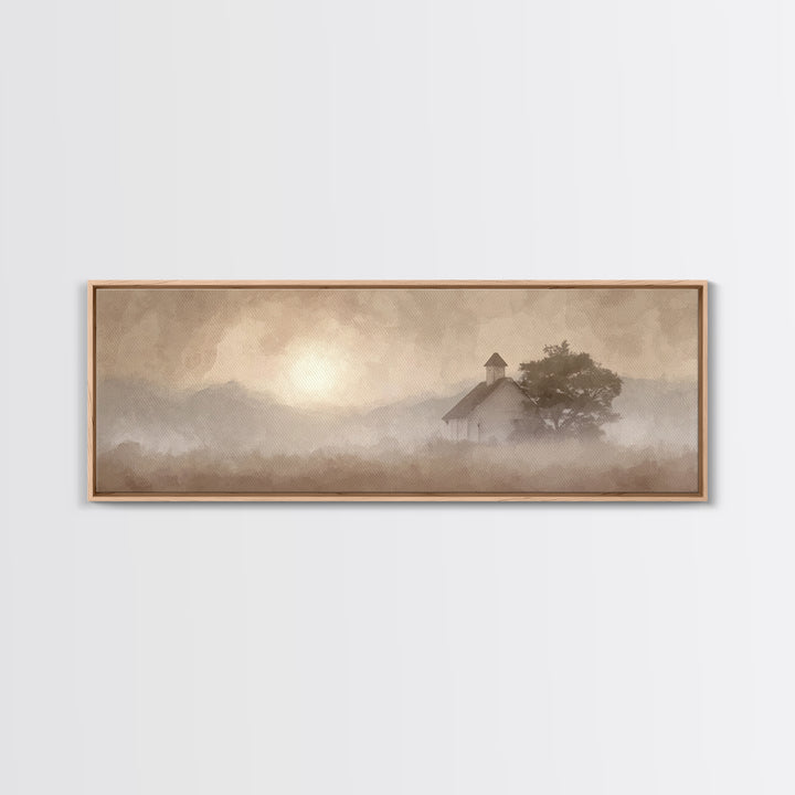 Rustic Chapel Mist – Framed Canvas Print – Panoramic Frame – Christian Art Canvas – Christian Wall Art – Christian Christmas Art – Christia