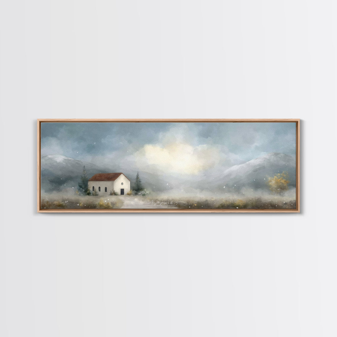 Valley Church Calm, Framed Canvas Print, Panoramic Painting, Christian Art Canvas, Christian Decor, Christian Christmas Art, Christian Wall