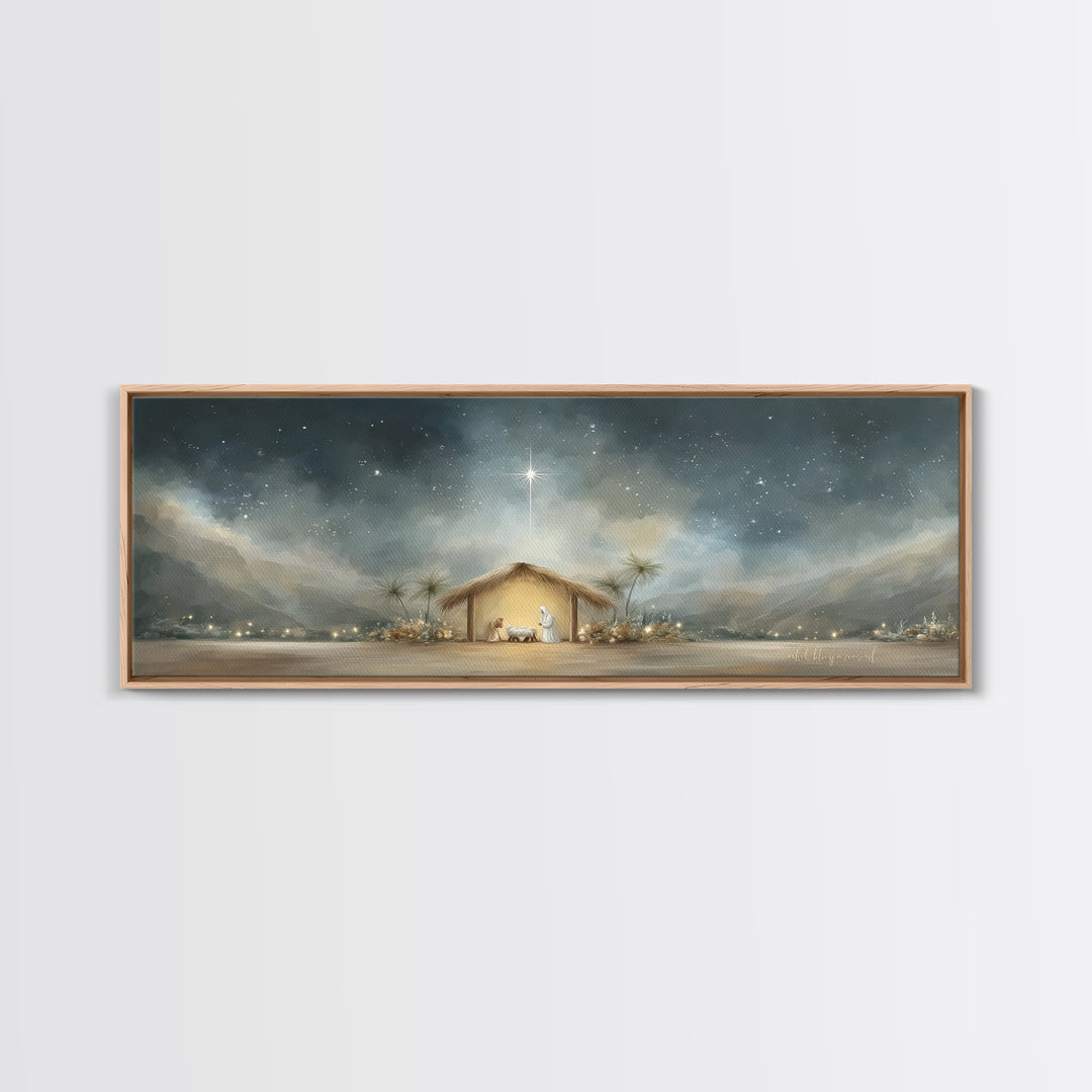 Holy Night Shelter, Framed Canvas Print, Panoramic Wall Art, Christian Art, Christmas Art Prints, Christian Christmas Decor, Jesus Painting
