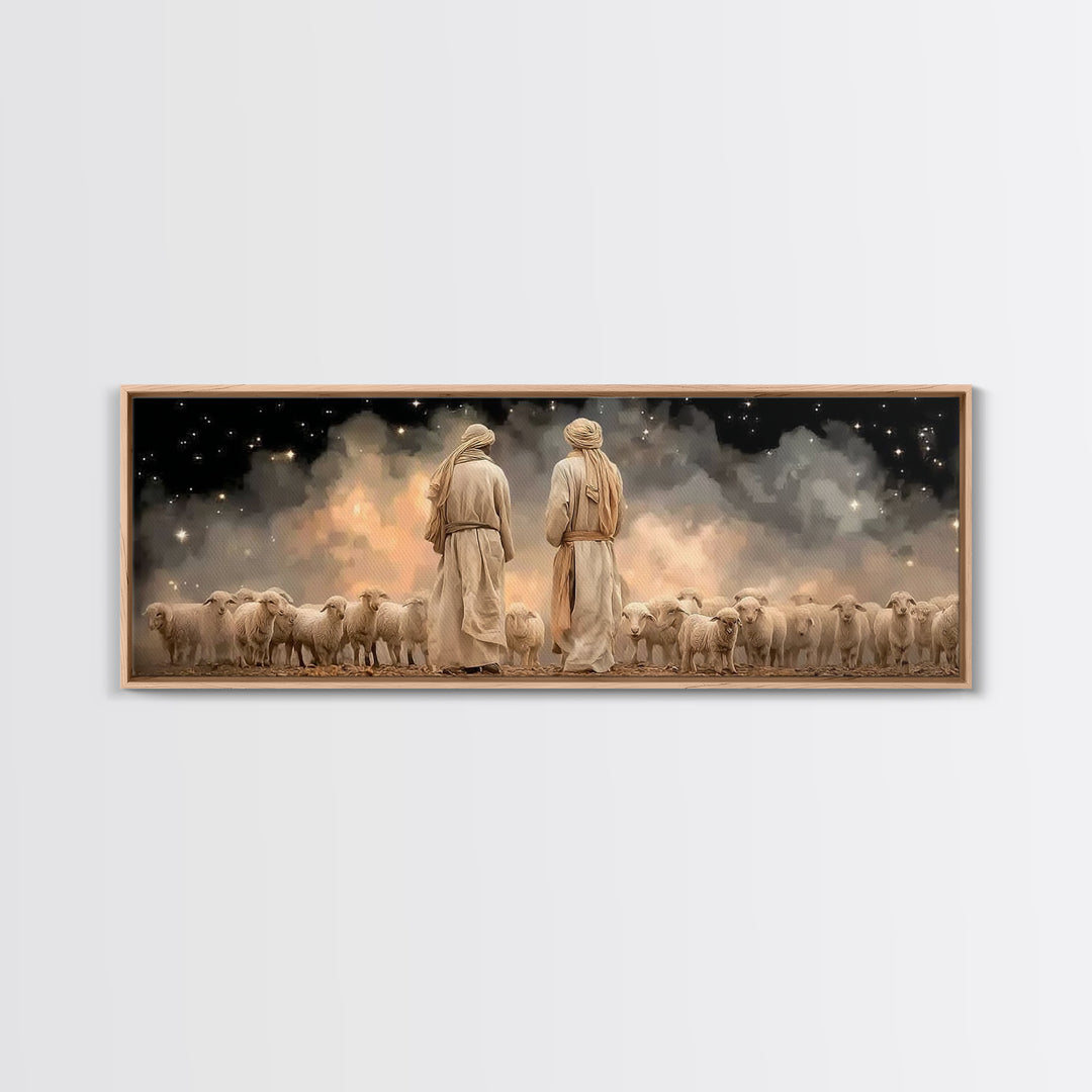 Starry Shepherd Watch – Framed Canvas Print – Panoramic Art – Christian Wall Art – Christian Art Canvas – Christmas Art – Jesus Painting